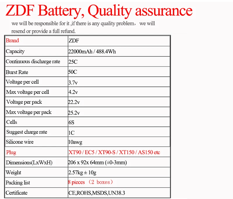 8 шт.(2 коробки) ZDF 6S 22,2 V LiPo аккумулятор 22000mAh 25C с разъемом XT90/AS150/XT150/XT90-S для беспилотного дрона