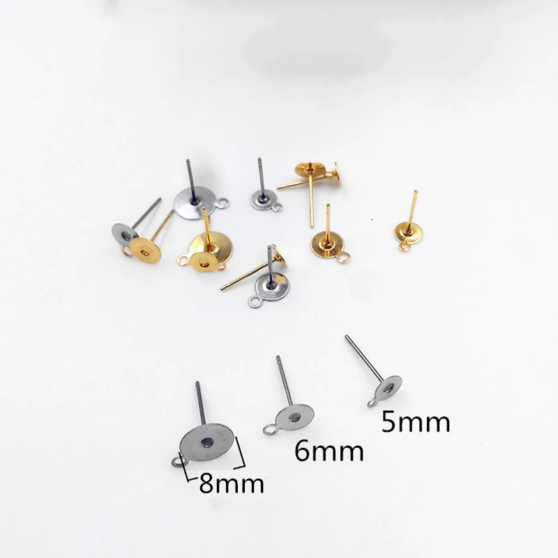 

20pcs Surgical Stainless Steel Gold Silver Tone Flat Pad with Loop Earring Stud Post Blank 5mm 6mm 8mm Earring Findings Supplier