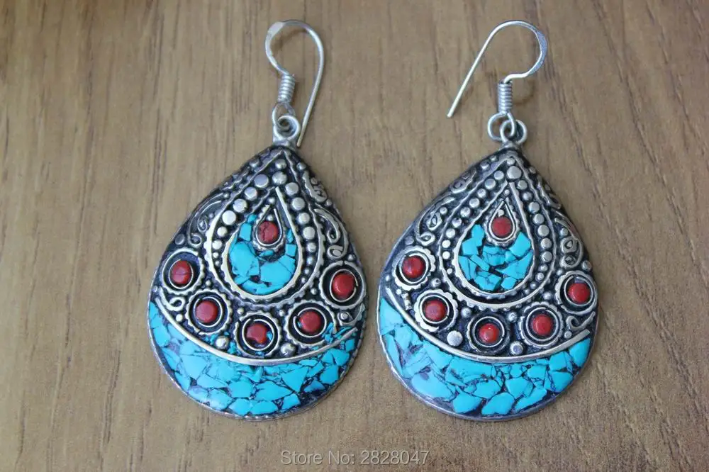 

ER150 Ethnic Jewelry Tibetan Silver Water Drop Earrings Nepal Green Stone Handmade Dangle Earring Girls Gift Bohemia Earring