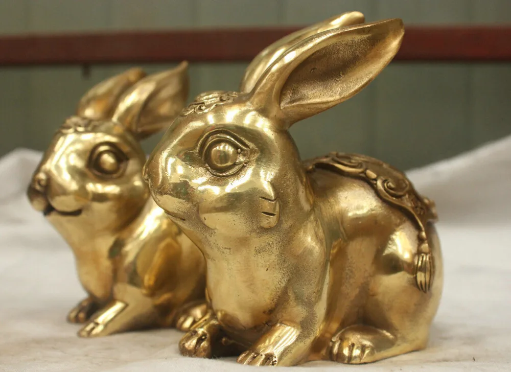 

131@g++Chinese China Folk Culture Handmade Brass Bronze Statue Zodiac Rabbit Sculpture