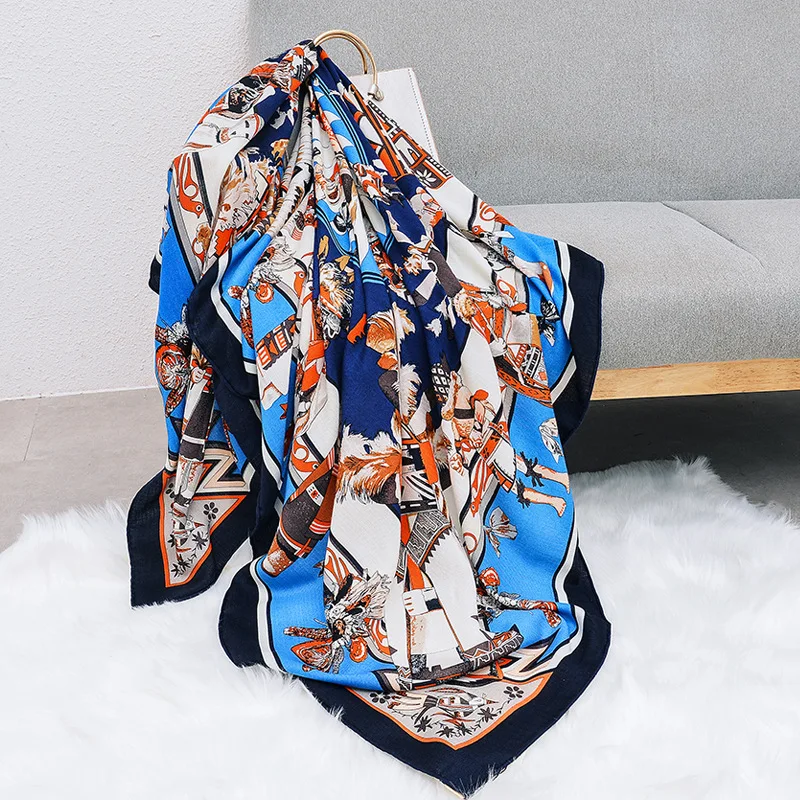 

Luxury Silk Cashmere Blue Scarf For Women Printed Large Hijab Scarfs 140*140cm Square Shawls Neckerchief Scarves For Ladies 2019