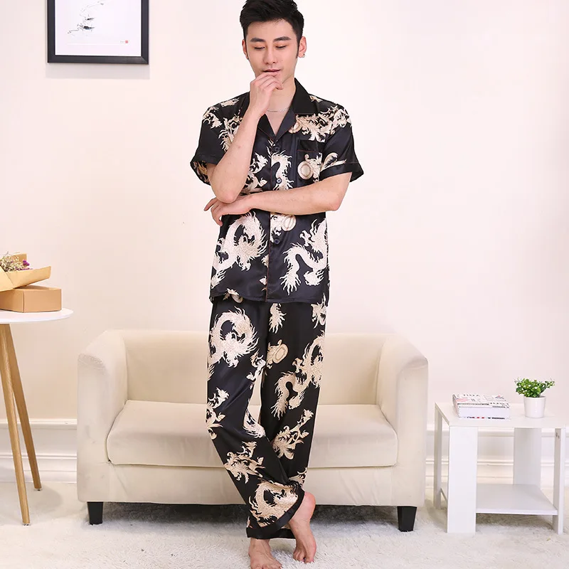 men short sleeve silk like pyjamas sets (3)