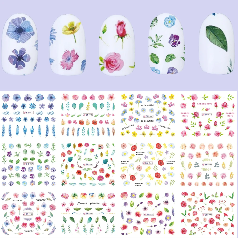

12 Designs Water Decals Slider Summer Theme Floral Water Transfer Decal Wrap Tips DIY Watermark Nail Art Decoration TRBN937-948