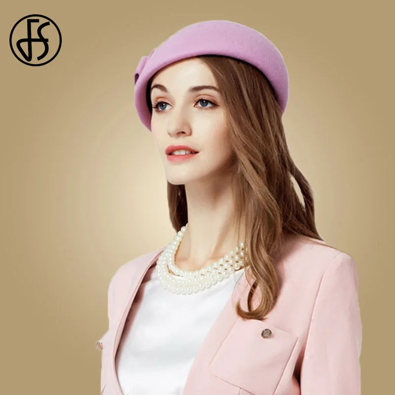 

FS British Winter Pink Wool Felt Hats For Women Pillbox Fascinators Ladies Wedding Hat Classic Formal Church Bow Derby Fedoras