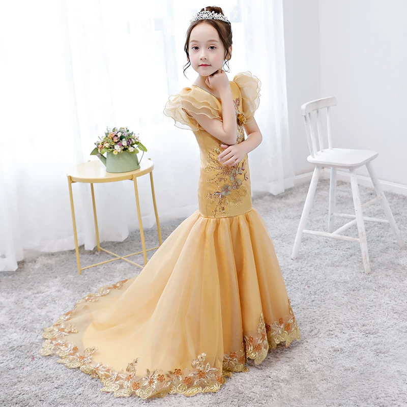 Mermaid Dress Long Tailing Appliques Flower Girl Dresses Luxury Gold