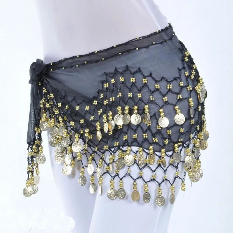 

Hot-selling 128 Coins Belly Dance Hip Scarf Sexy Belly Dancing Belt Waist Chain chiffon hip Scarves 13 colors with gold coins