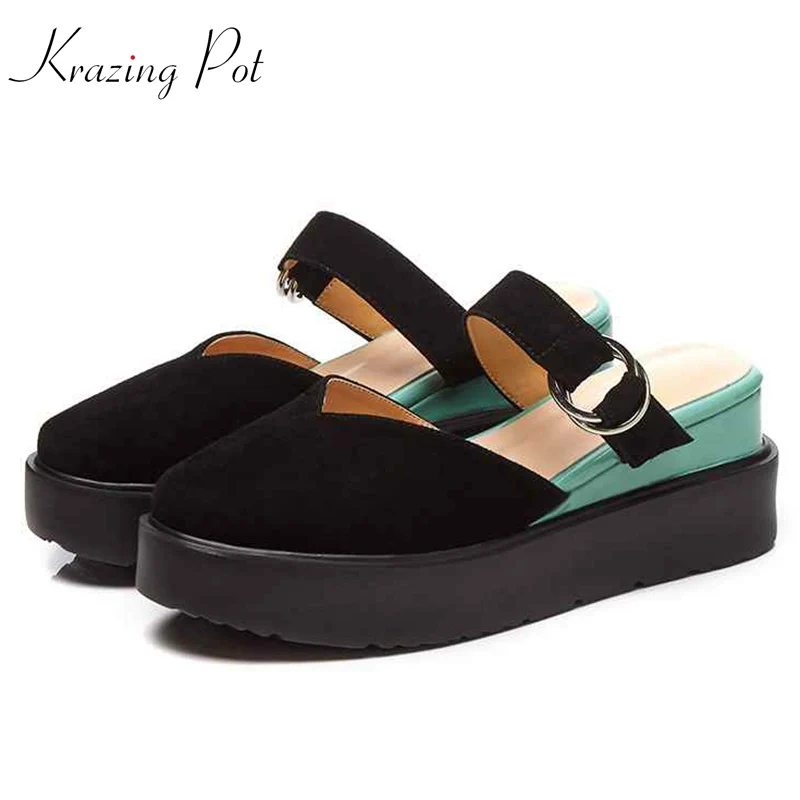 

Krazing Pot streetwear kid suede slip on high heels shoes women summer platform mules solid color round toe shallow pumps L02