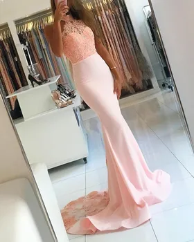 

Pink Prom Dresses 2019 Mermaid Halter Appliques Lace Beaded Backless Party Maxys Long Prom Gown Evening Dresses Robe De Soiree