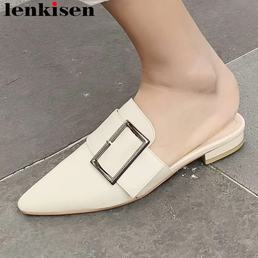 

Lenkisen concise style cow leather slip on mules metal buckle fastener low heels pointed toe European style party slippers L39