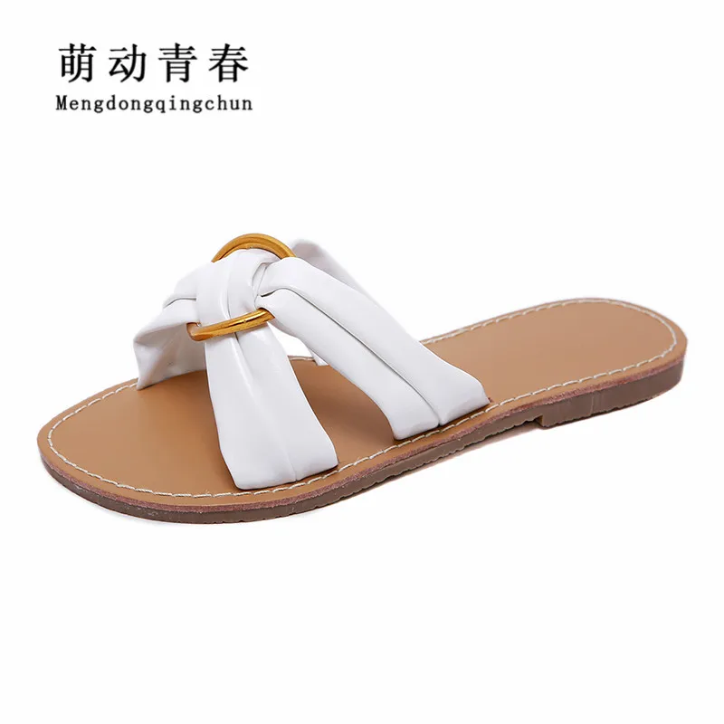 

New Women Slippers Fashion Metal Buckle Decoration Flat Heels Sandals Women Cross White PU Leather Summer Beach Slipper Sandals