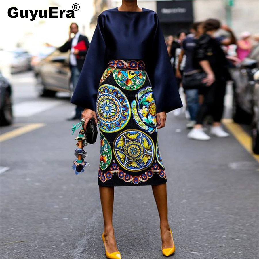 

GuyuEra New African Dress for Women European and American Dress Hot Sale Print Long-sleeved Skirt Suit Long Skirt