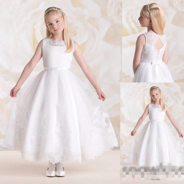 

New arrival white/ivory sheer lace crew neck flower girl dresses beautiful appliques wedding party gowns
