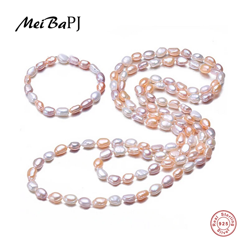 

[MeiBaPJ] 100% real natural freshwater pearl jewelry sets long beads necklace and bracelet for women gift bag handmade jewelry