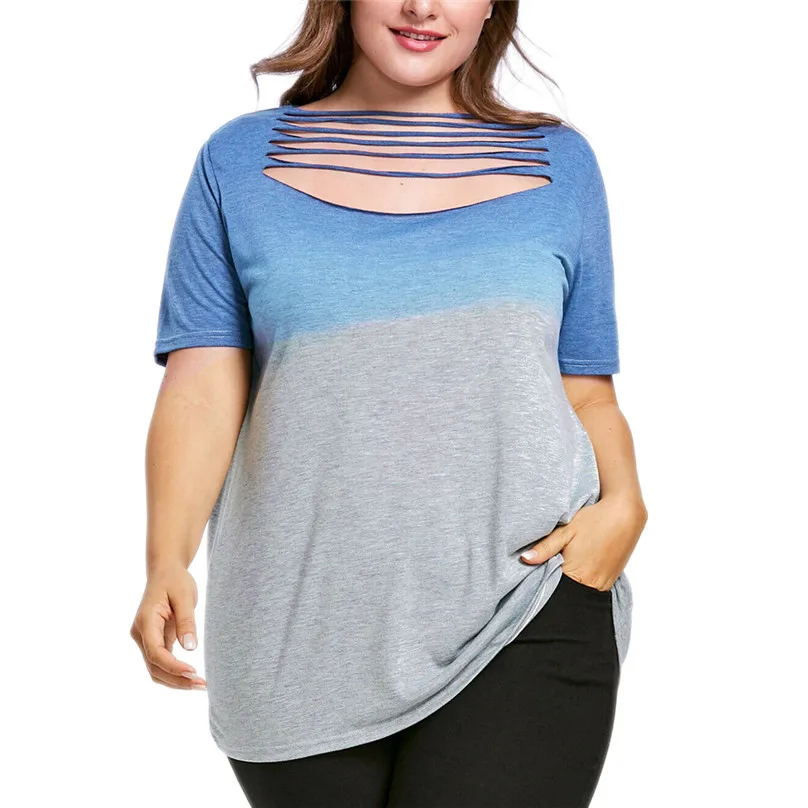 

Women Clothes Gradient Color Plus Size Blouses Women Short Sleeve O-neck Hollow Out Summer Blouse Loose Tops bluzki damskie #15