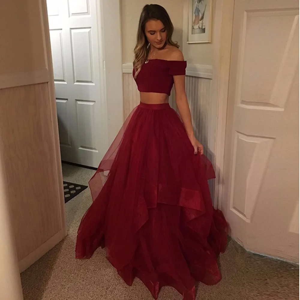 Evening Dress Long Boat Neck Two pieces Tulle Party Gowns Evening Gowns Formal Elegant Prom Gowns Vestido De Festa Longo Evening Dress Long Boat Neck Two pieces Tulle Party Gowns Evening Gowns Formal Elegant Prom Gowns Vestido De Festa Longo