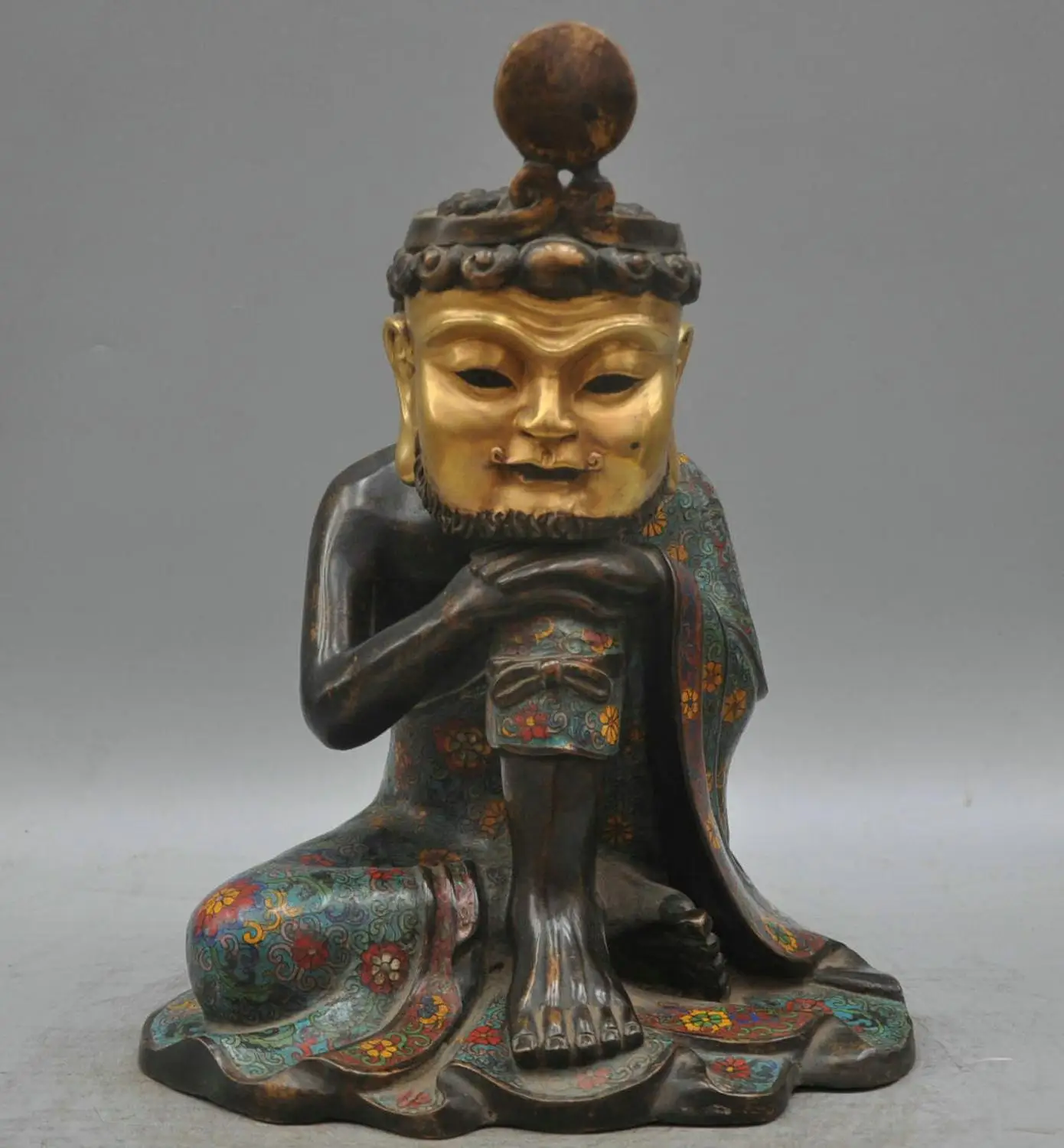 

16'' China Cloisonne Gilt Bronze Bodhidharma Dharma Buddha Monk Guru Statue QQ EW