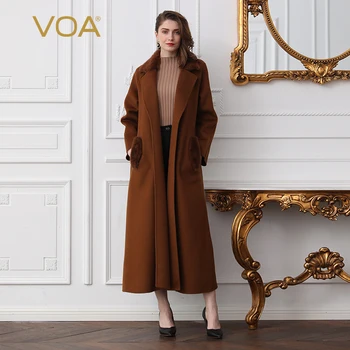 

VOA Fox Fur Collar Wool Long Coat Women Cashmere Winter Warm Overcoat Grey Camel Outerwear Elegant Ladies Luxury Belt Bow SA301