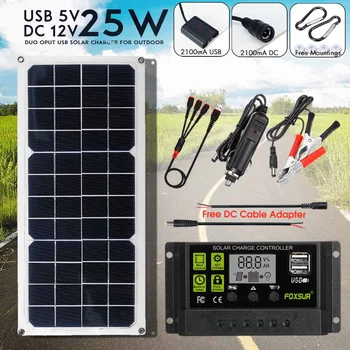 

Portable 25W 12V Solar Panel 24pcs Solar Cells with Car Charger 10A USB Solar Charger Controller for Outdoor Camping LED Light