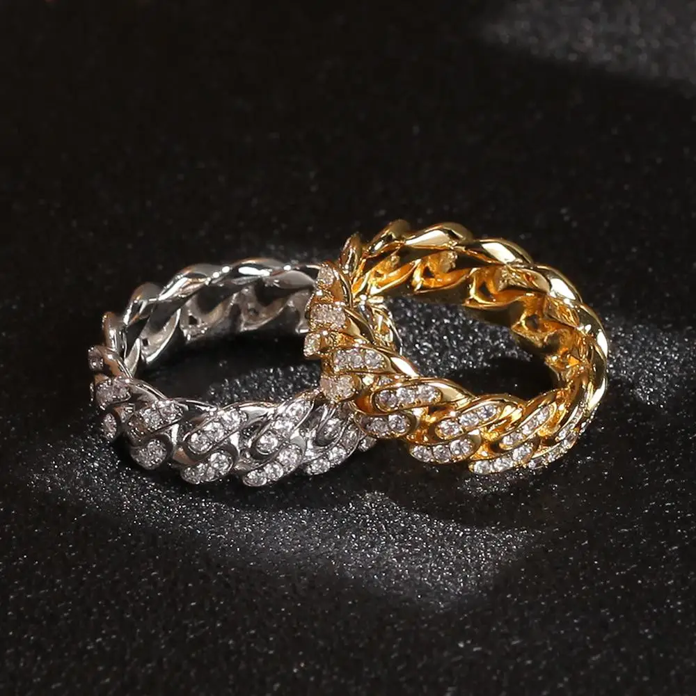 

Hip Hop Micro Paved AAA Cubic Zirconia Bling Ice Out Cuban Chain Men Finger Rings Hiphop Rapper Jewelry Gold Silver
