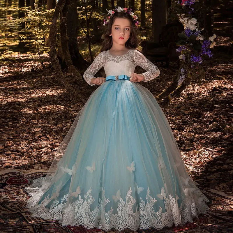 Lace Long Sleeves Flower Girl Dress with Butterfly Decoration Keyhole Back Blue Tulle Kids Party Ball Gowns with Satin Sash Bow цена Lace Long Sleeves Flower Girl Dress with Butterfly Decoration Keyhole Back Blue Tulle Kids Party Ball Gowns with Satin Sash Bow цены онлайн