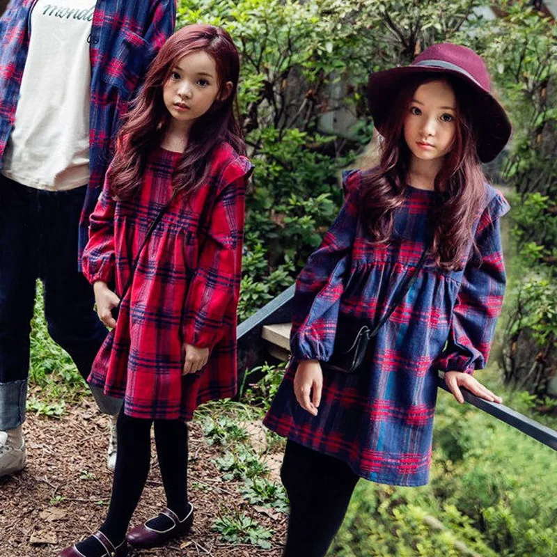 

lantern sleeves big girls dresses winter autumn 2017 little girls winter clothes blue red plaid dress girl 12 14 8 7 5 4 years