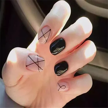 

Free Shipping 24pcs Black Transparent Line Nail Ttips Full False Fake Nail Tip
