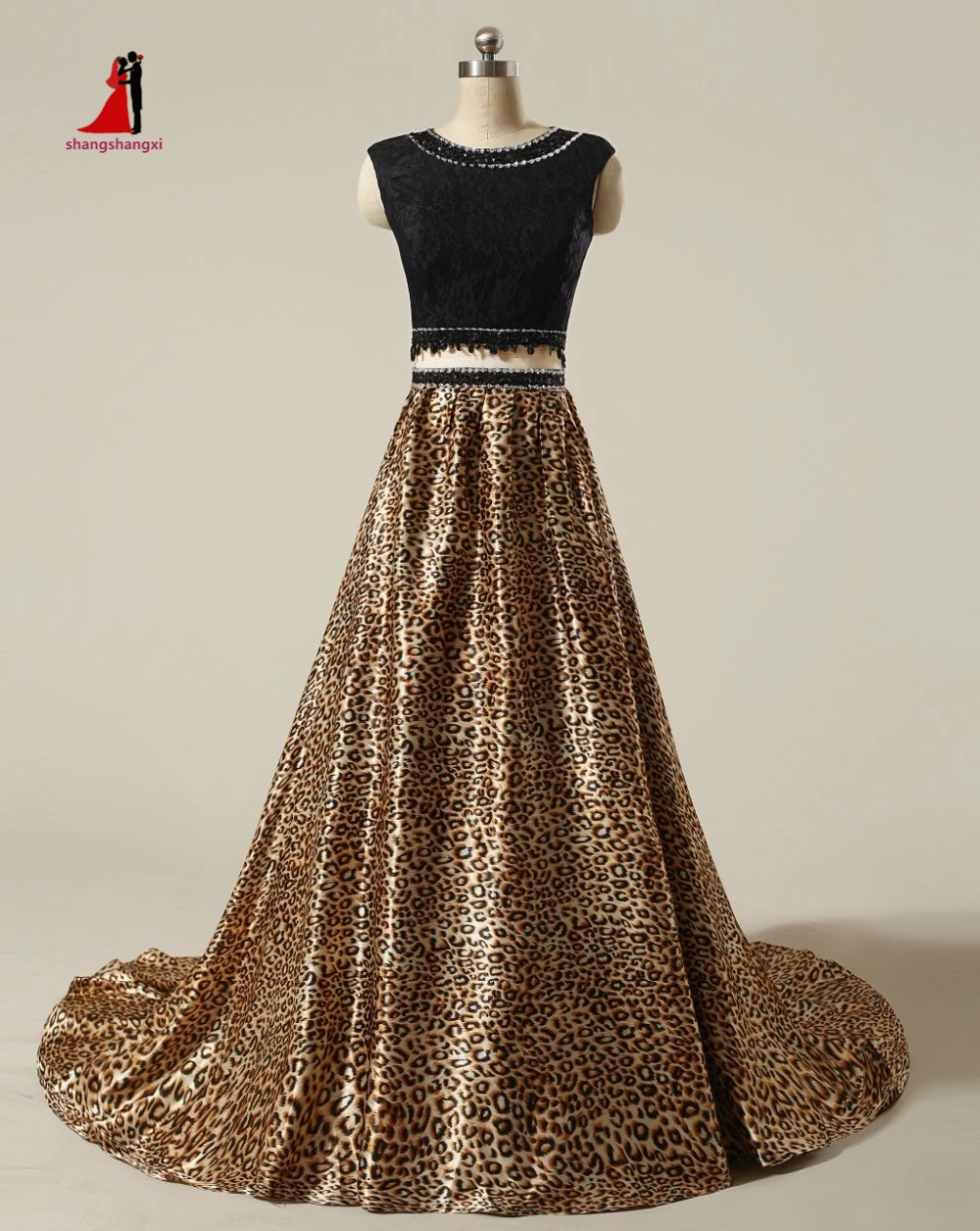 2017 New Arrival Leopard Print Two Piece Prom Dresses O Neck Cap Sleeve