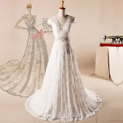 Романтическое свадебное платье с короткими рукавами и кружевной аппликацией, 2018 Бисероплетение, v-образный вырез, с короткими рукавами