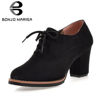 

BONJOMARISA Brand New Lace Up Round Toe Square High Heels Flock Shoes Woman Casual Office Spring Autumn Pumps Big Size 32-43