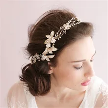 Dower me Handmade Gold Crystal Pearl Bridal Headbands Headpiece Floral Wedding Hair Accessories Rhinestone Headband
