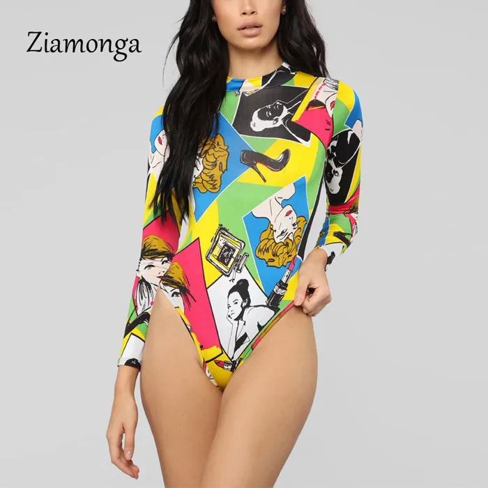 Colorful Ziamonga сексуальный женский боди с принтом персонажа, высокий ворот, длинный рукав, боди, топы, осень, элегантные комбинезоны, женский комбинезон - Цвет: Colorful