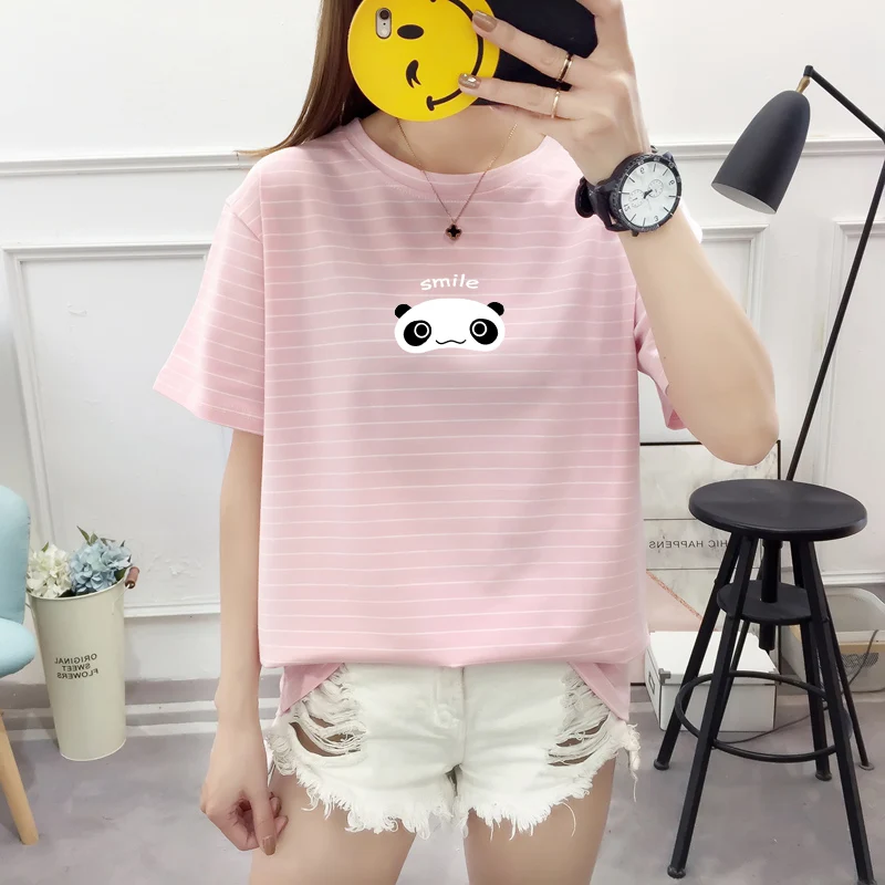 Dandeqi женская футболка лето Kawaii мультфильм панда печати короткий рукав футболки повседневные Синий Розовый o-образным вырезом полосатый хлопок Топ женский