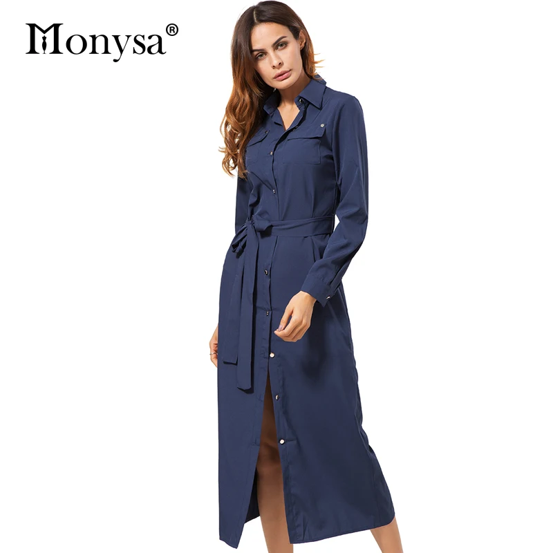 Long Shirt Dress Женщины Весна 2017 Новая Мода Ошейник С Длинным Рукавом Midi Повседневная