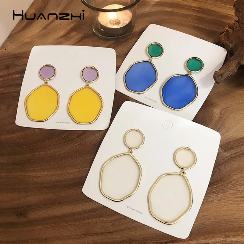 

HUANZHI 2019 Exaggeration Translucent Contrast Color Geometric Simple Long Drop Earrings for Women Girls Travel Gifts Jewelry