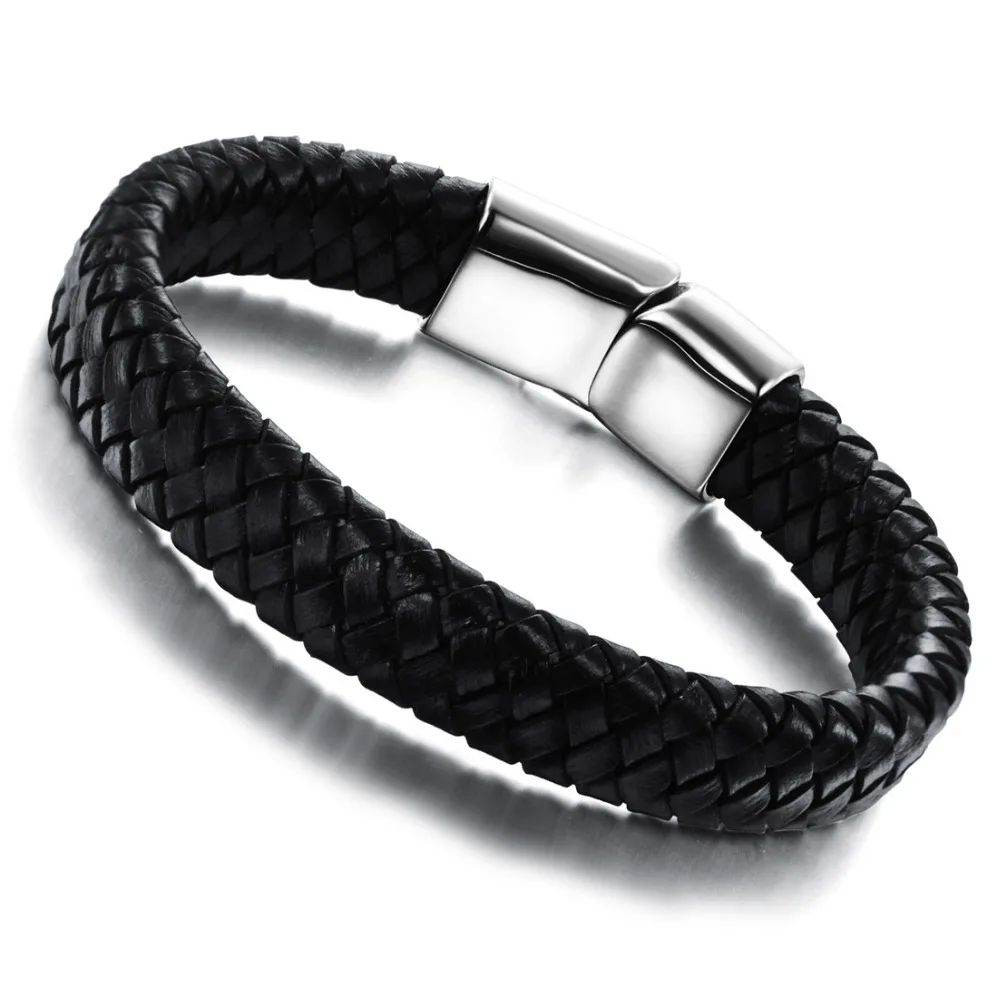 Punk Black Braid Genuine Leather Bracelet Stainless Steel Bangle for