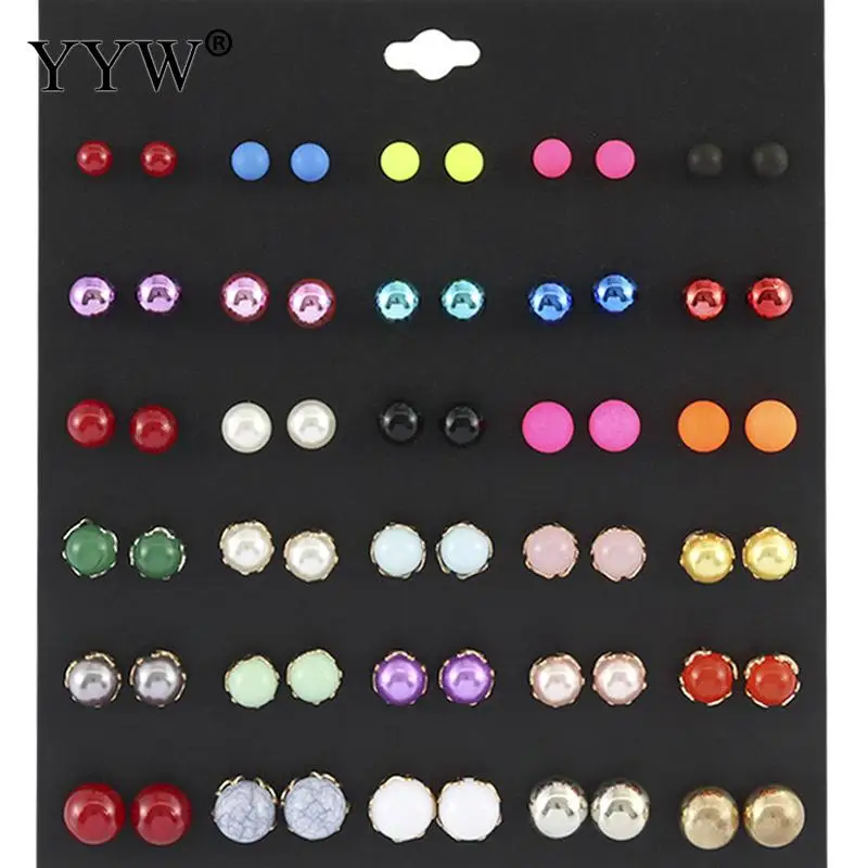 

30Pairs/Lot Zinc Alloy Stud Earring Set with Turquoises Resin Plastic Pearl Earrings for Woman Stud Earrings Set Fashion Jewelry