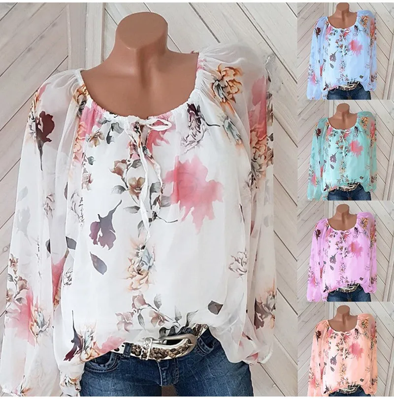 Chiffon Blouse Women Top No Lined Shirts Autumn Casual Slash Neck Bohemian Long Sleeve Ladies Sexy Print Blouse Femme Shirt