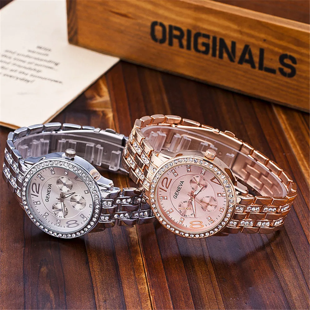 

High Quality Women's Watch Classic Geneva Stainless Steel Strip Luxury Rhinestone Bracelet Watches Ladies Quartz Wrist Watch Fi
