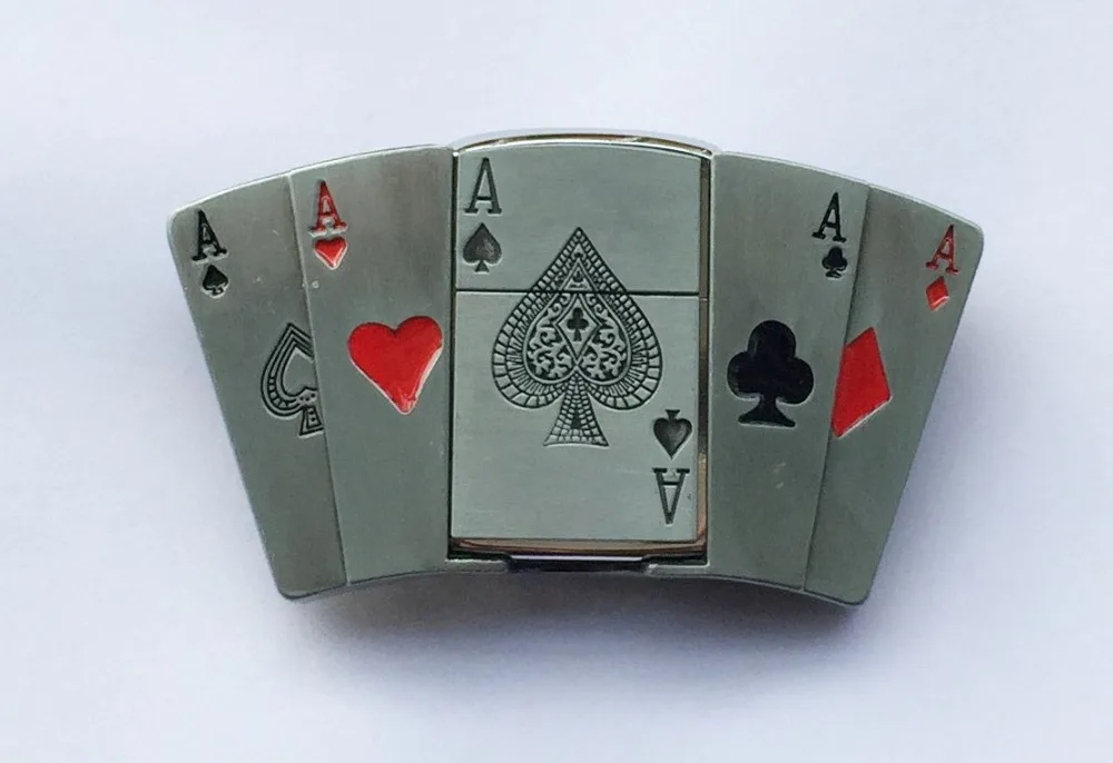 Playing card 5A belt buckle with kerosene lighter with pewter finish SW
