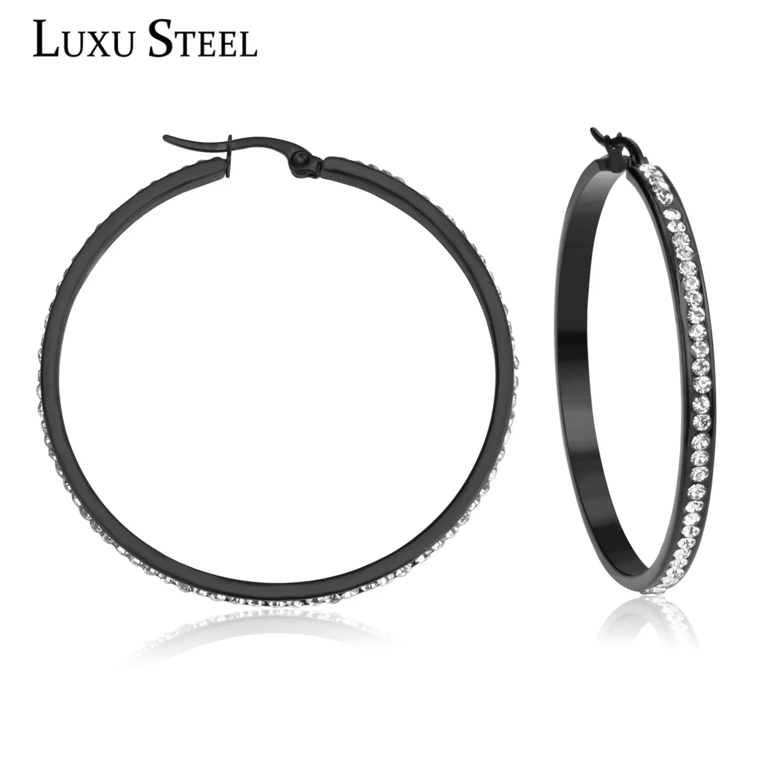 

LUXUSTEEL 25mm/35mm/45mm Black Hoop Earrings With Charm Cubic Zirconia Stainless Steel Geometry Round Earring Female Bijoux