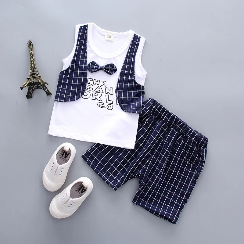 2pcs Toddler Boys Clothing Sets Plaid T Shirt+Pants Fashion Kids Boy Bow tie Outfits Suits