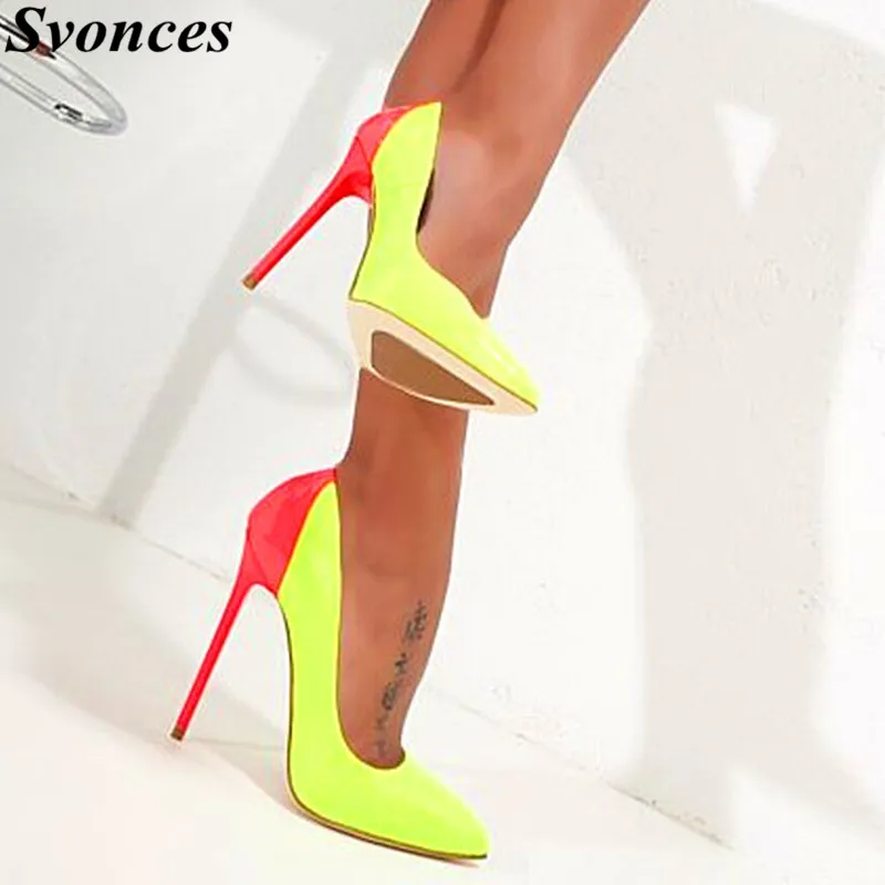 

Super Sexy High Heels Colorblock Yellow Shoes Pointed Toe Womens Dress Shoes Size 10 Fashion Ladies Shoes For Party Catwalk