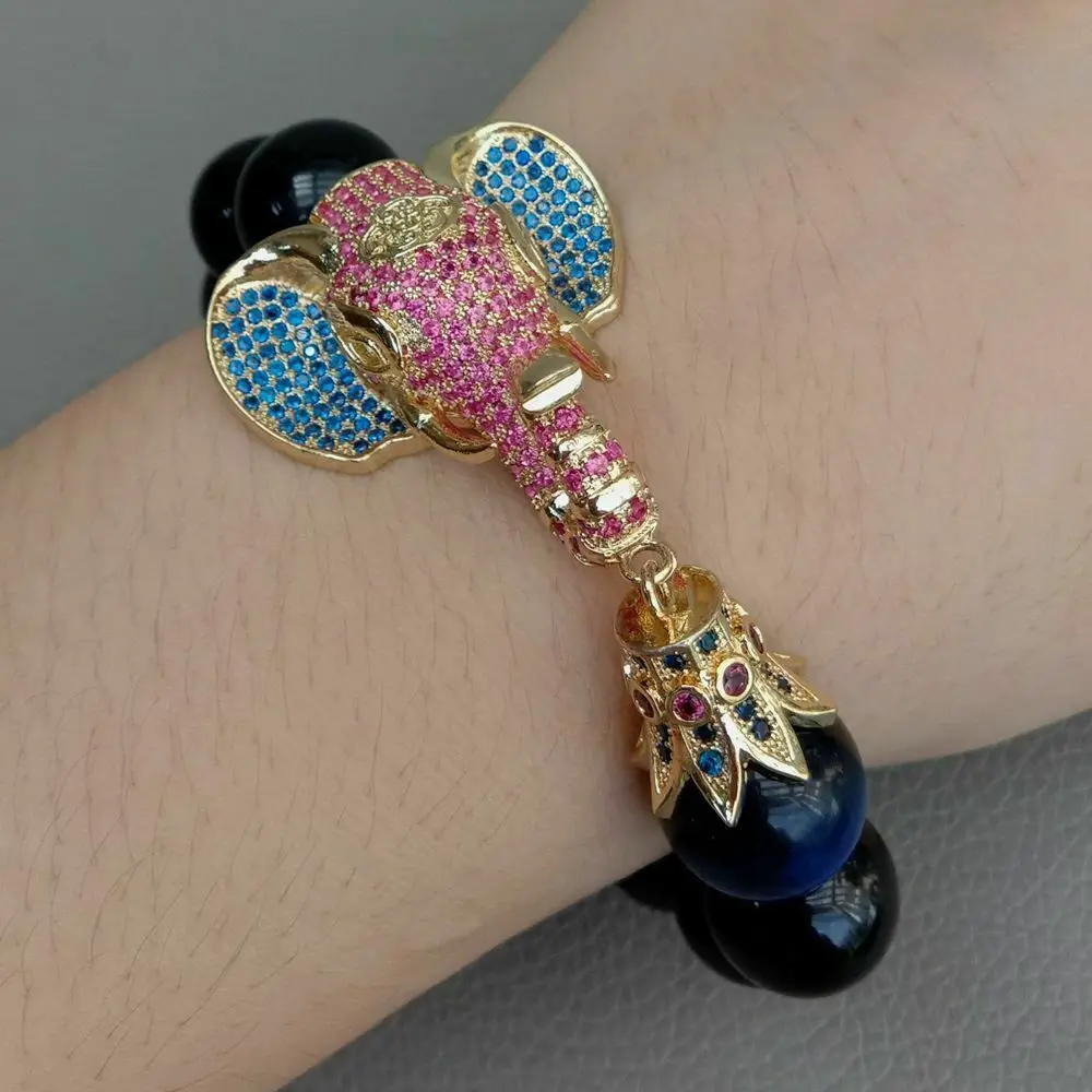 8 ''14 мм синий браслет" тигровый глаз "CZ Pave Elephant разъем