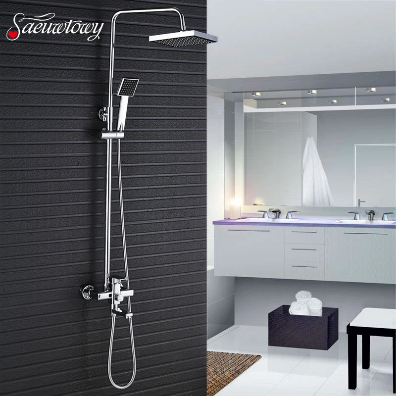 

Saeuwtowy Chrome Shower Faucet Set 8'' ABS Square Black Shower Head Wall Mounted Bathroom Shower System Mixer