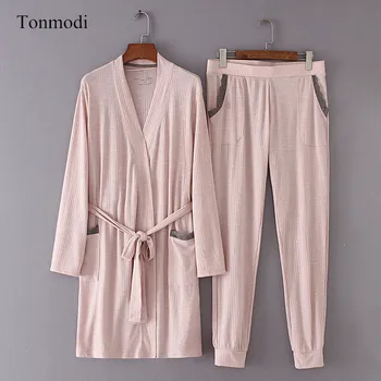 

Pajamas For Women Autumn Long sleeves Knitted Stretch Sleepwea Women Sleep Lounge Pajama Set 3Picecs
