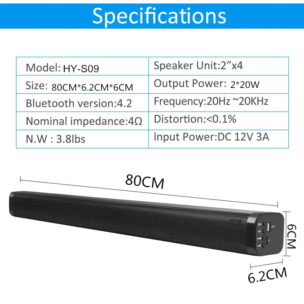 HYASIA 40W Bluetooth 4.2 Soundbar TV AUX Coaxial TF Wireless Sound bar Bluetooth Speaker TV Home Theater Sound System Parlantes