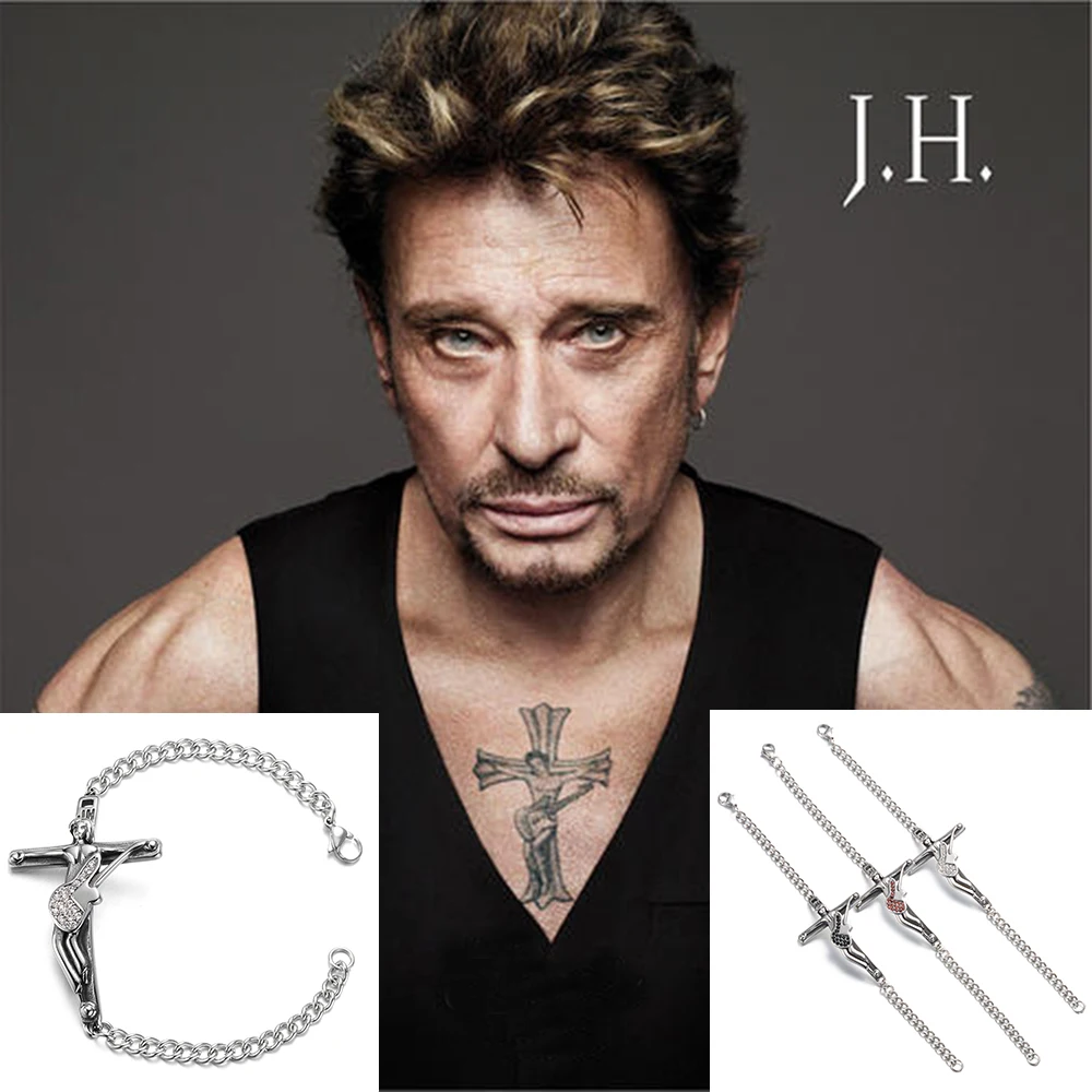 

French Rocker Johnny Hallyday Collections Silver Guitar Cross Bangles Men's Stainless Steel Bangle Christian Crucifix Bracelets