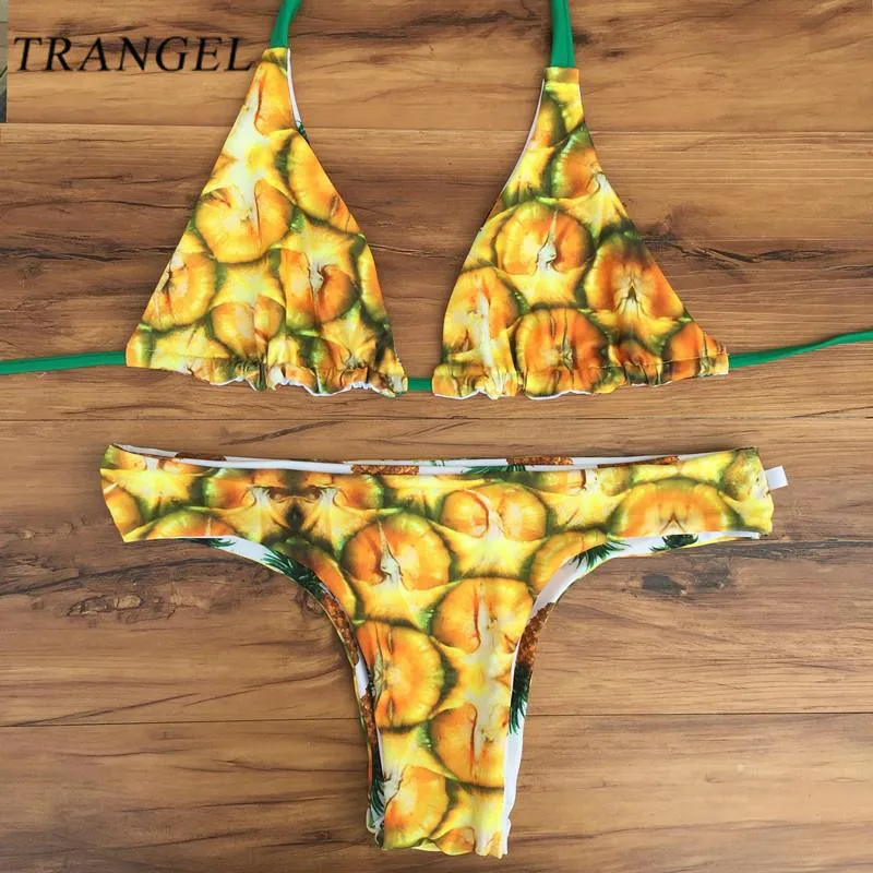 Brazilian Swimwear Reversible Bikinis Sexy Women Swimsuit Pineapple Series Print Biquinis Halter Bathing Suit trajes de