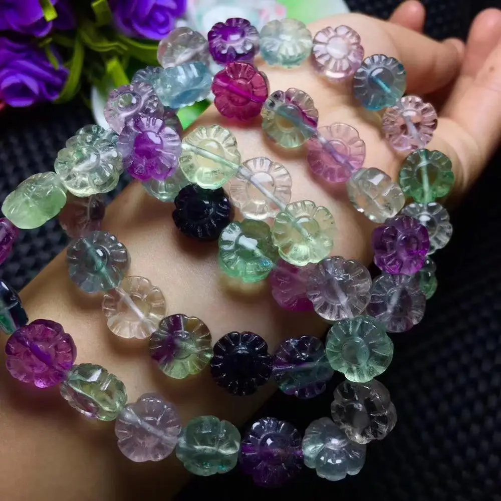 

fluorite carved flower 12mm bracelet 7.5inch wholesale beads nature FPPJ woman 2017