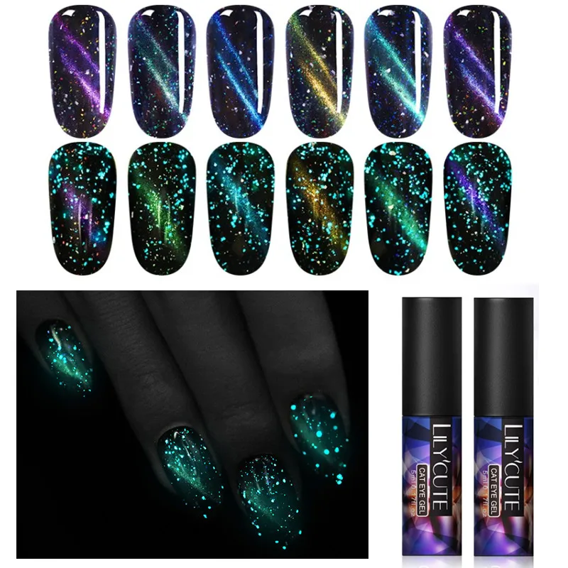 

LILYCUTE 5ml Luminous Cat Eye UV Gel Polish Glow in The Dark 3D Magnetic Glitter Varnish Soak Off UV LED Nail Art Gel Lacquer
